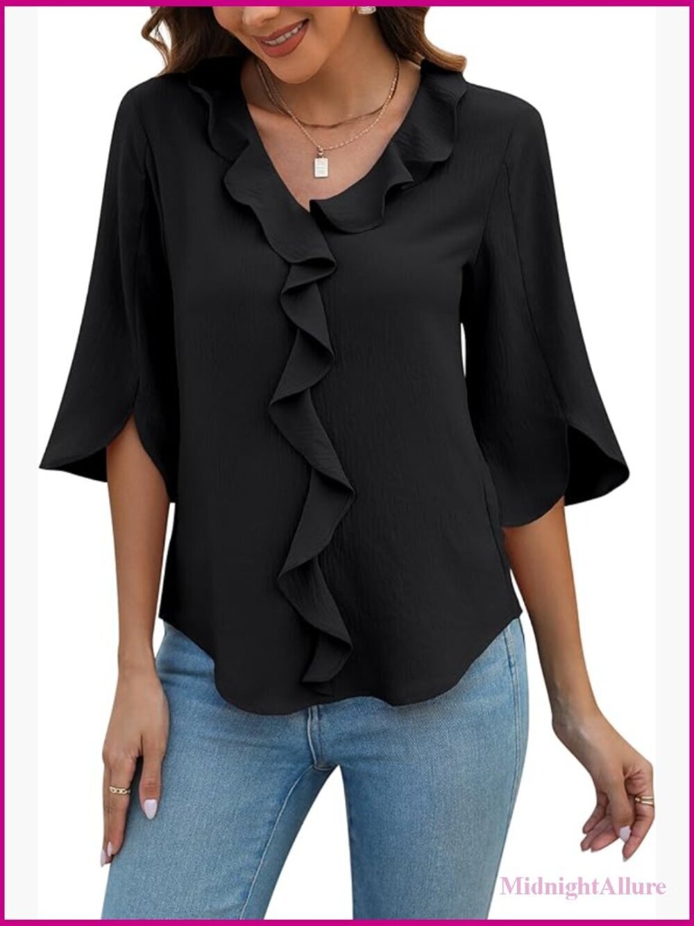 Dressy Casual Blouse 3/4 Sleeve V Neck Ruffle Top Work Shirt
